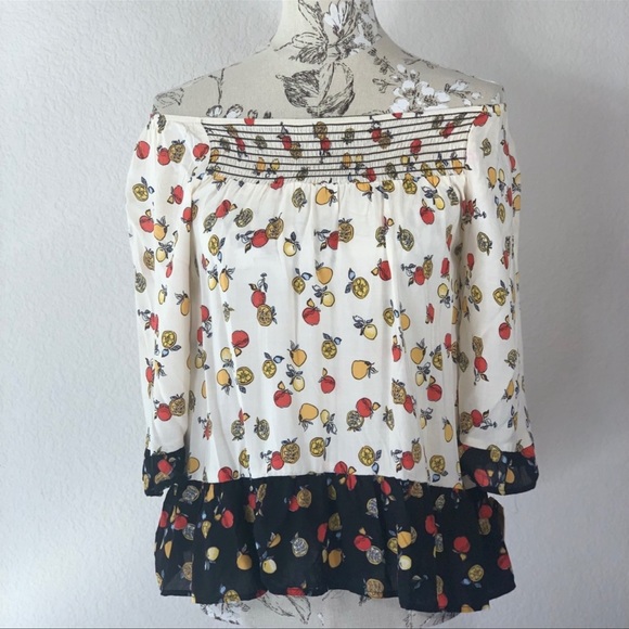 Democracy fruit print off the shoulder blouse smocked neck peasant boho top - Picture 2 of 8